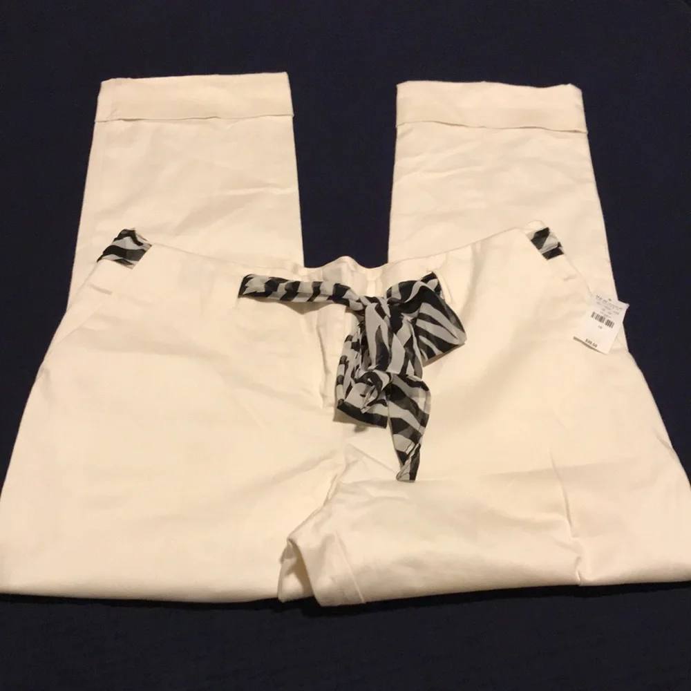 NWT New York & Company cream cuffed pants zebra patterned scarf belt Size 16 - Picture 3 of 9